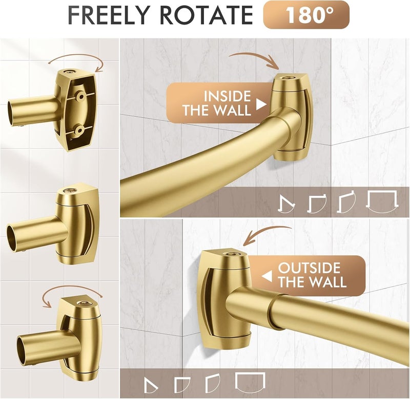 Bonpally Curved Shower Curtain Rod for Bathroom, 40-72 Inches Adjustable Curved Shower Rod, 0.9MM Aluminum Rustproof Shower Curtain Rod with Rotating Brackets for Extra Shower Space, Need to Drill, Gold - Image 3